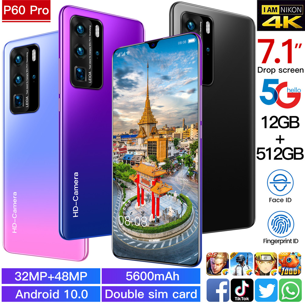 P60 Pro 4K HD camera 5G mobile phone 7.1-inch water drop screen 12+512GB large memory Android 10.0 system smart phone