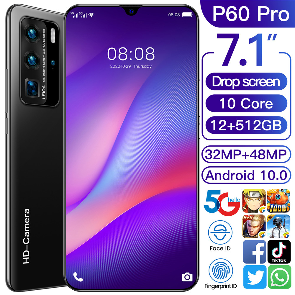 P60 Pro 4K HD camera 5G mobile phone 7.1-inch water drop screen 12+512GB large memory Android 10.0 system smart phone